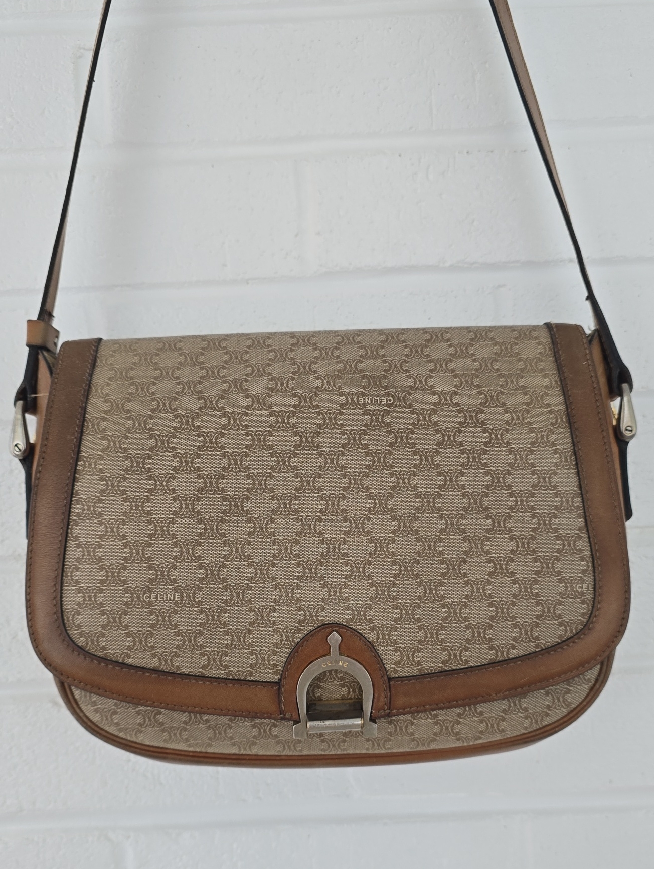 Vintage Celine Macadam Canvas Shoulder Crossbody Bag Beige Brown Canvas Leather